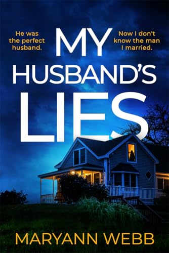 Book cover showing a house at night with the title My Husband's Lies.