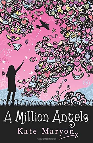 Book cover: silhouette of girl, swirling colorful doodles, title "A Million Angels".