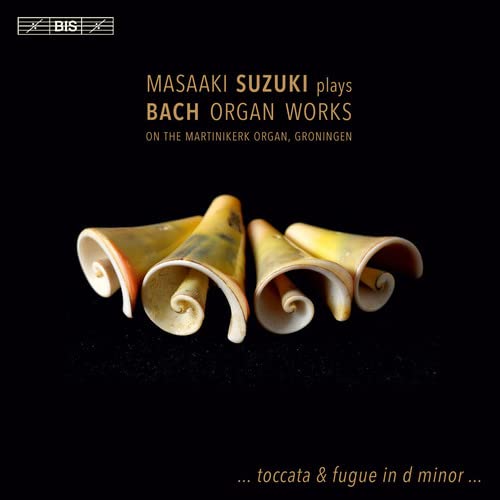 CD cover for Masaaki Suzuki’s Bach organ works, featuring shell shapes.