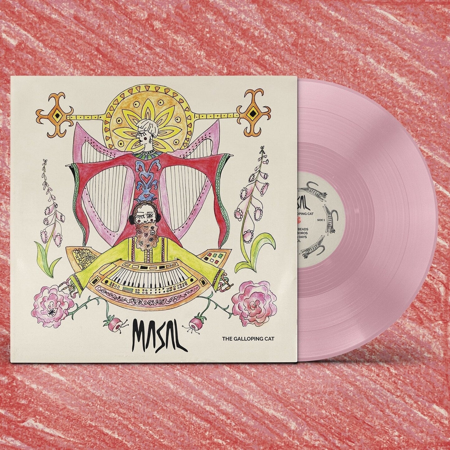 Vinyl record cover with whimsical illustrated artwork next to a translucent light pink disc.