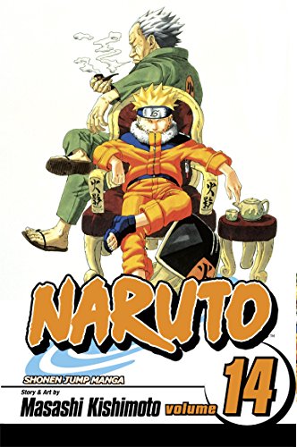 Naruto Uzumaki sits in a chair with the Third Hokage standing behind him.