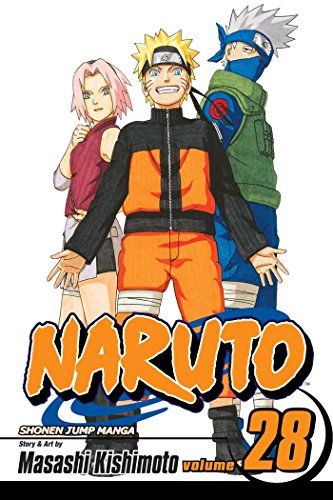Naruto volume 28 manga cover featuring Naruto, Sakura, and Kakashi standing together.