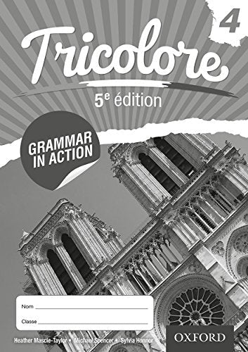 French textbook "Tricolore Grammar In Action 4" with Notre Dame cathedral image.