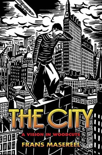 Black and white woodcut illustration of a man overlooking a dense cityscape.
