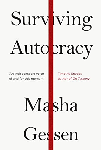 Book cover: "Surviving Autocracy" by Masha Gessen, with red vertical line.