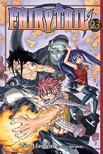 Fairy Tail 23" manga cover featuring Natsu, Lucy, Gray, and a large mechanical dragon.