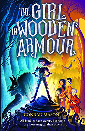 Book cover: girl in armor, shadowy figures, and a family group.