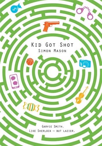 Book cover with a green maze and icons of a gun, phone, and camera.