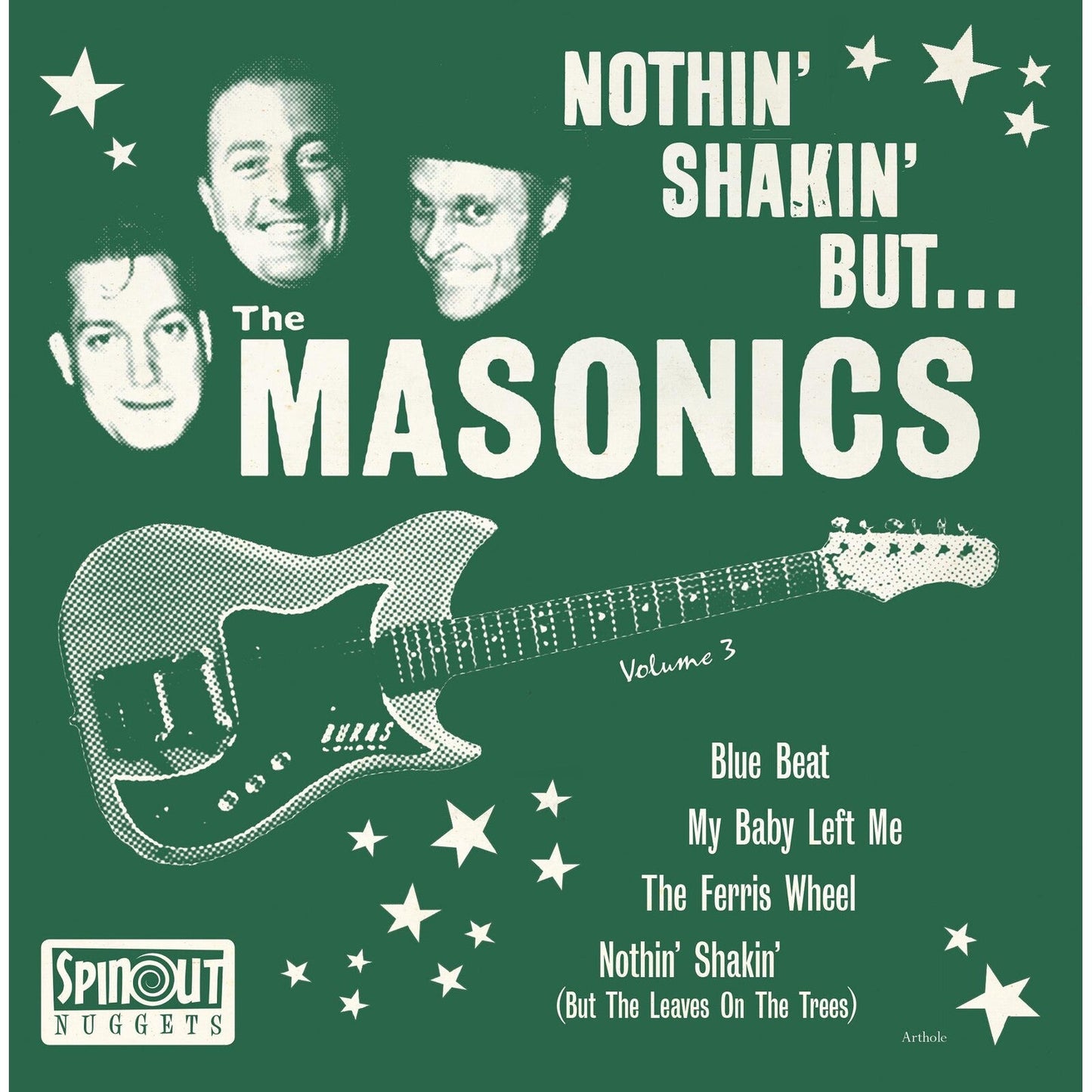 Record cover for The Masonics’ “Nothin’ Shakin’ But…” with guitar and portraits.