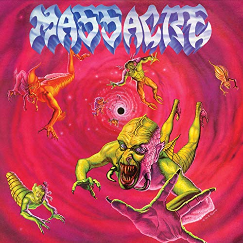 "Album cover with 'Massacre' in white, creatures in a swirling red background."