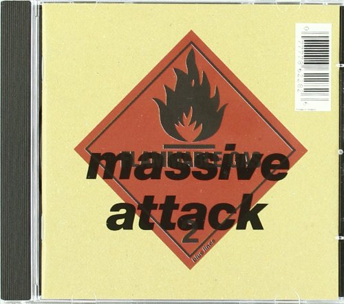 Massive Attack "Blue Lines" CD cover with a blue diamond and flame.