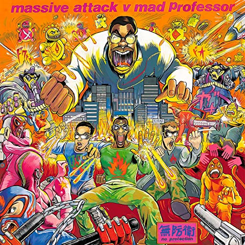 CD cover for Massive Attack’s “No Protection” featuring illustrated figures and city.