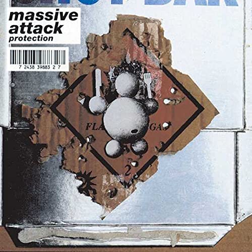 Massive Attack Protection vinyl cover featuring a torn cardboard center and a graphic illustration.