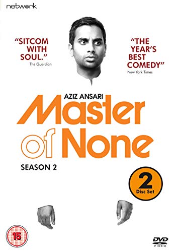 "Master of None Season 2 DVD cover featuring Aziz Ansari's portrait and two hands."