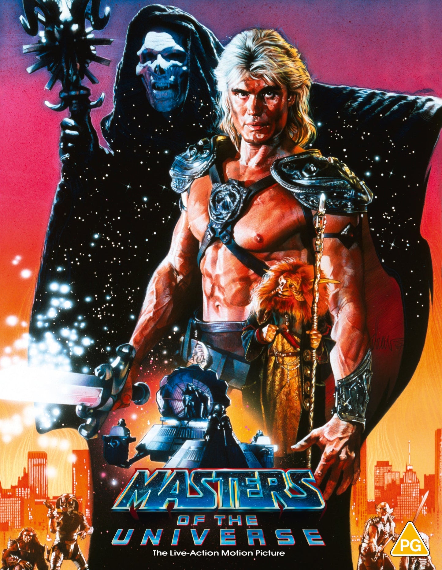 He-Man, Skeletor, and Gwildor stand before a city skyline on this movie poster.
