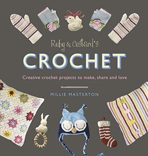 Crochet book cover featuring knitted mittens, an owl hat, and a blanket.