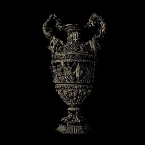 Dark gold image of an ornate, classical urn against a black background.