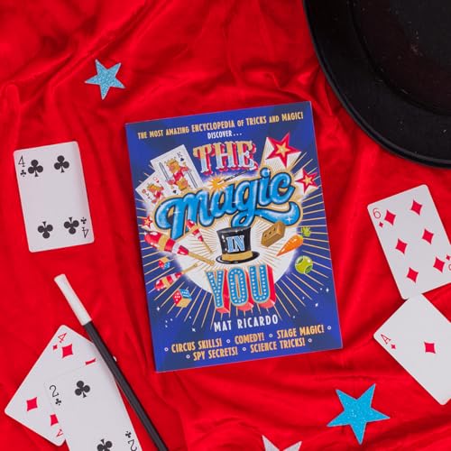 Book cover with magic tricks, cards, a wand, and a top hat.