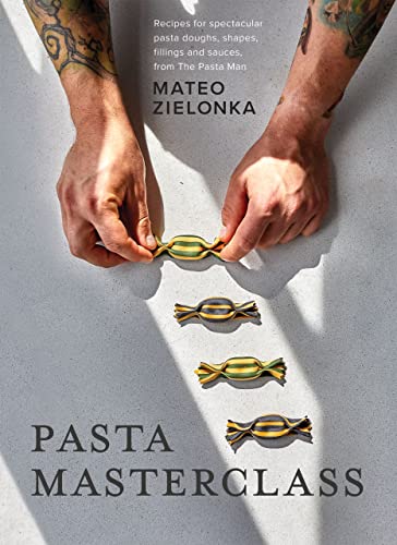 Tattooed hands shaping striped pasta on a grey surface, book cover title Pasta Masterclass.