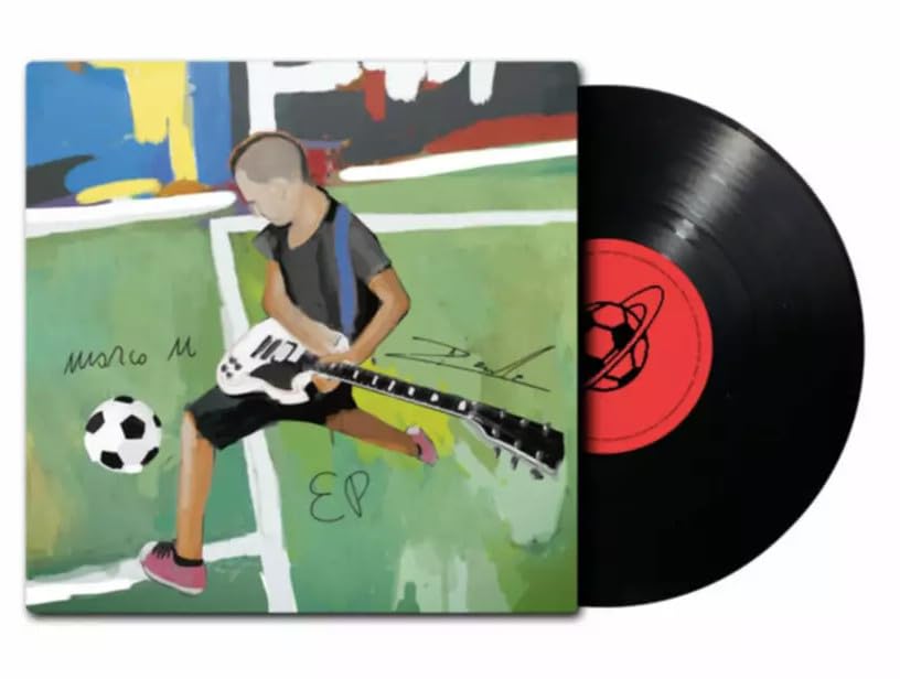 Vinyl record with cover art depicting a soccer player with a guitar.