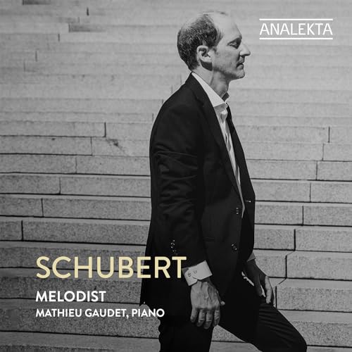 Black and white album cover featuring pianist Mathieu Gaudet in profile.