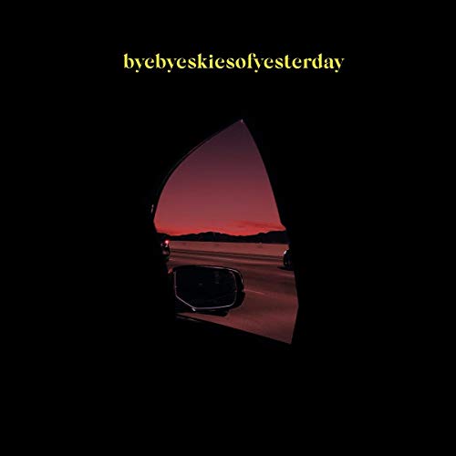 CD album cover with a car's side mirror reflecting a red sunset over water.