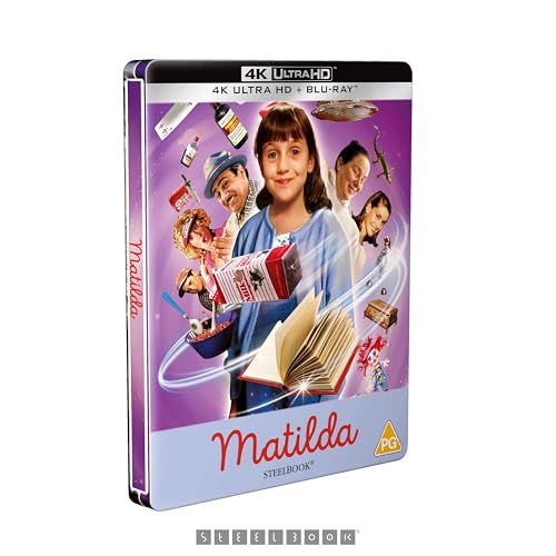Matilda" Blu-ray Steelbook cover with young girl, book, and floating objects.