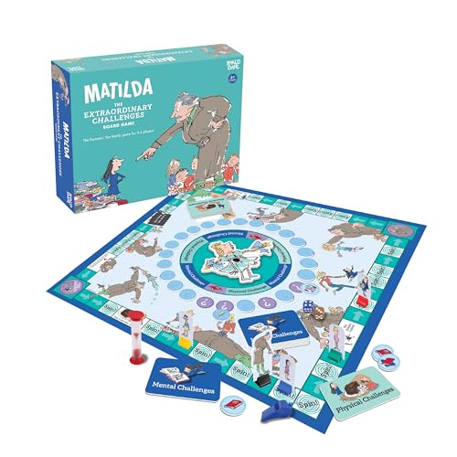 Matilda board game box with game board, character pieces, cards, and a timer.