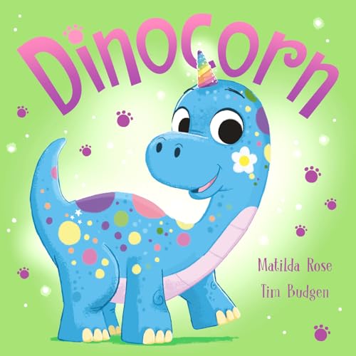 Blue dinosaur with a unicorn horn, spotted with colorful shapes.