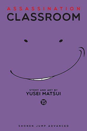Assassination Classroom volume 15 manga cover with a purple background and a smiling face.