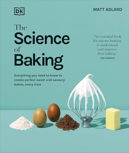 Book cover: “The Science of Baking” with whisk, eggs, flour, and butter.
