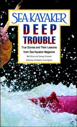 Book cover: “Sea Kayaker’s Deep Trouble” with a kayak in stormy waters.
