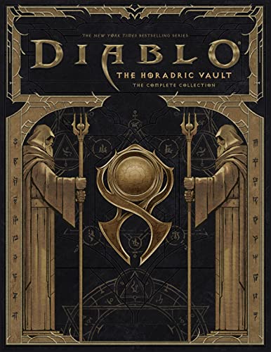 “Diablo: Horadric Vault” book cover featuring ornate gold design and hooded figures.
