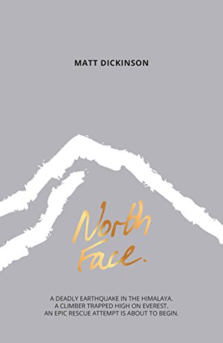 Book cover: white mountain peak, gold text "North Face," and author name.