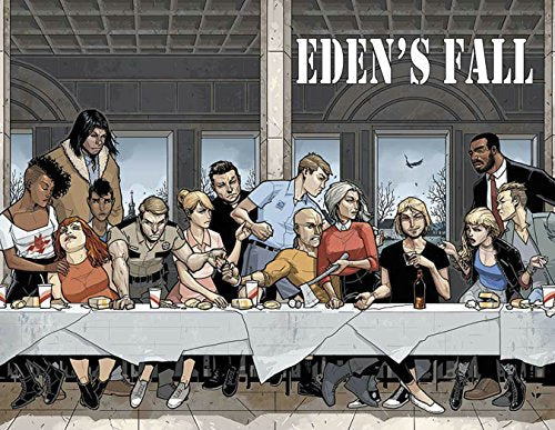 Comic book cover art depicting a group of people seated at a long table.