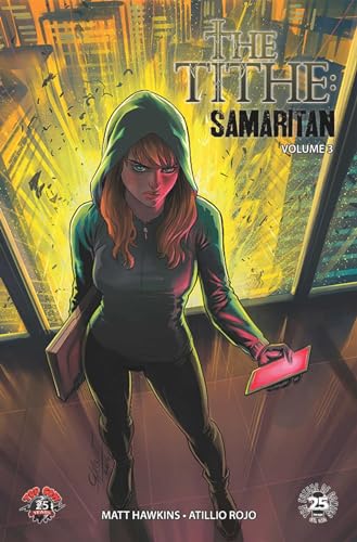 Comic book cover: hooded woman holding tablets in a city setting.