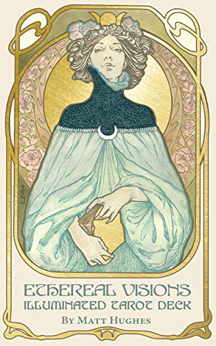 Art nouveau style tarot card featuring a woman holding a book in gold frame.