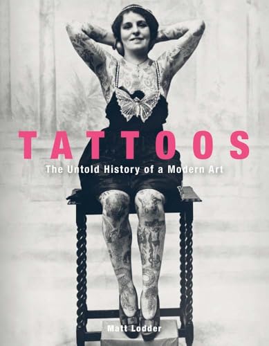 Book cover featuring a heavily tattooed woman sitting on a chair, titled Tattoos.