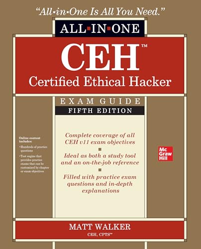 Red and beige book cover for "CEH Certified Ethical Hacker" exam guide.