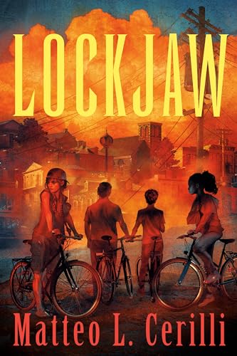 Book cover: "Lockjaw" depicts four figures and a fiery, urban landscape.