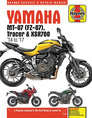 Haynes service manual cover for Yamaha MT-07, Tracer, and XSR700 motorcycles from 2014-2017.