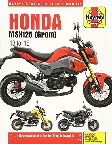 Red Honda MSX125 (Grom) motorcycle on the cover of a Haynes repair manual.