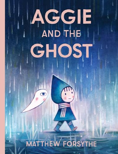 A child in a blue hood walks through rain beside a small white ghost.