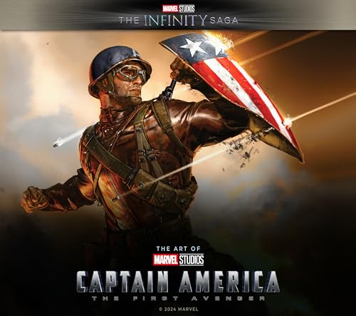 Captain America in vintage uniform holding shield, artwork from film book.