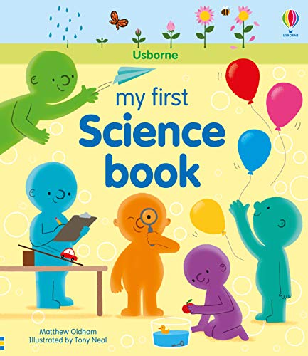 Colorful children’s book cover with illustrations of kids and science items.