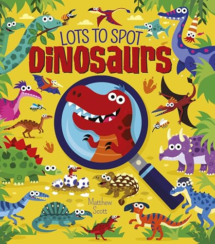 Cover of a children's book featuring cartoon dinosaurs and a magnifying glass on yellow.