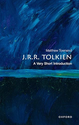 Book cover for J.R.R. Tolkien: A Very Short Introduction with abstract blue painted background.