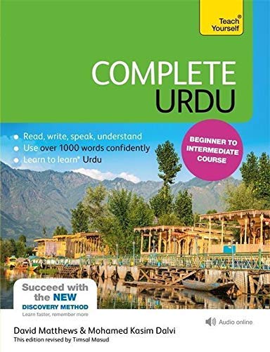 Book cover: "Complete Urdu" course with mountain landscape background.