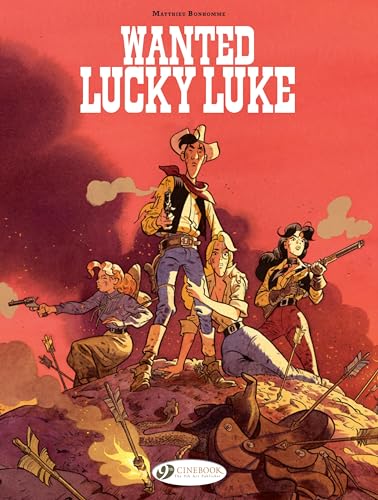 Comic book cover: Lucky Luke, a cowboy, with three figures aiming guns.