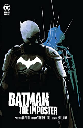 Batman in a white mask stands before a blue silhouette against a black background.